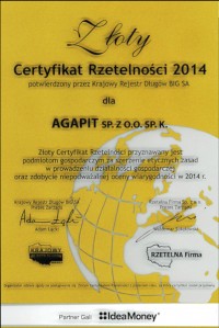 Złoty Certyfikat Rzetelności 2014