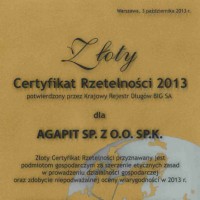 Złoty Certyfikat Rzetelności 2013